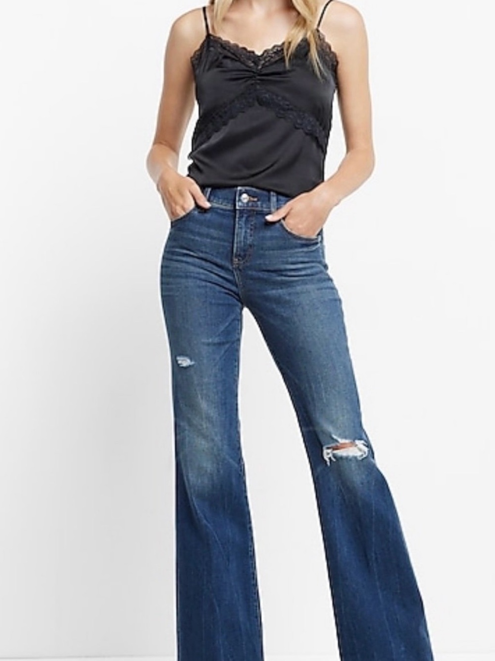 Express Blue High-Rise Flare Jeans with Knee Distress, size 00L